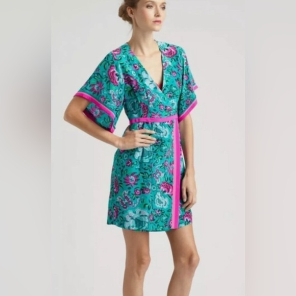 π 1 hour sale. NWT. Nanette Lepore, size 10, Teal & Pink, Lotus Silk, Floral - Picture 3 of 11